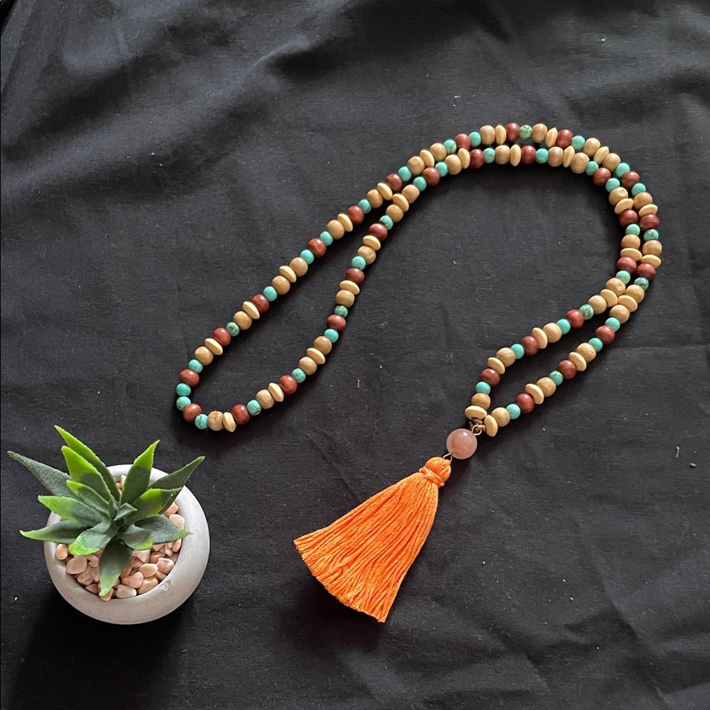 Hand assembled beaded necklace antique green round gemstone